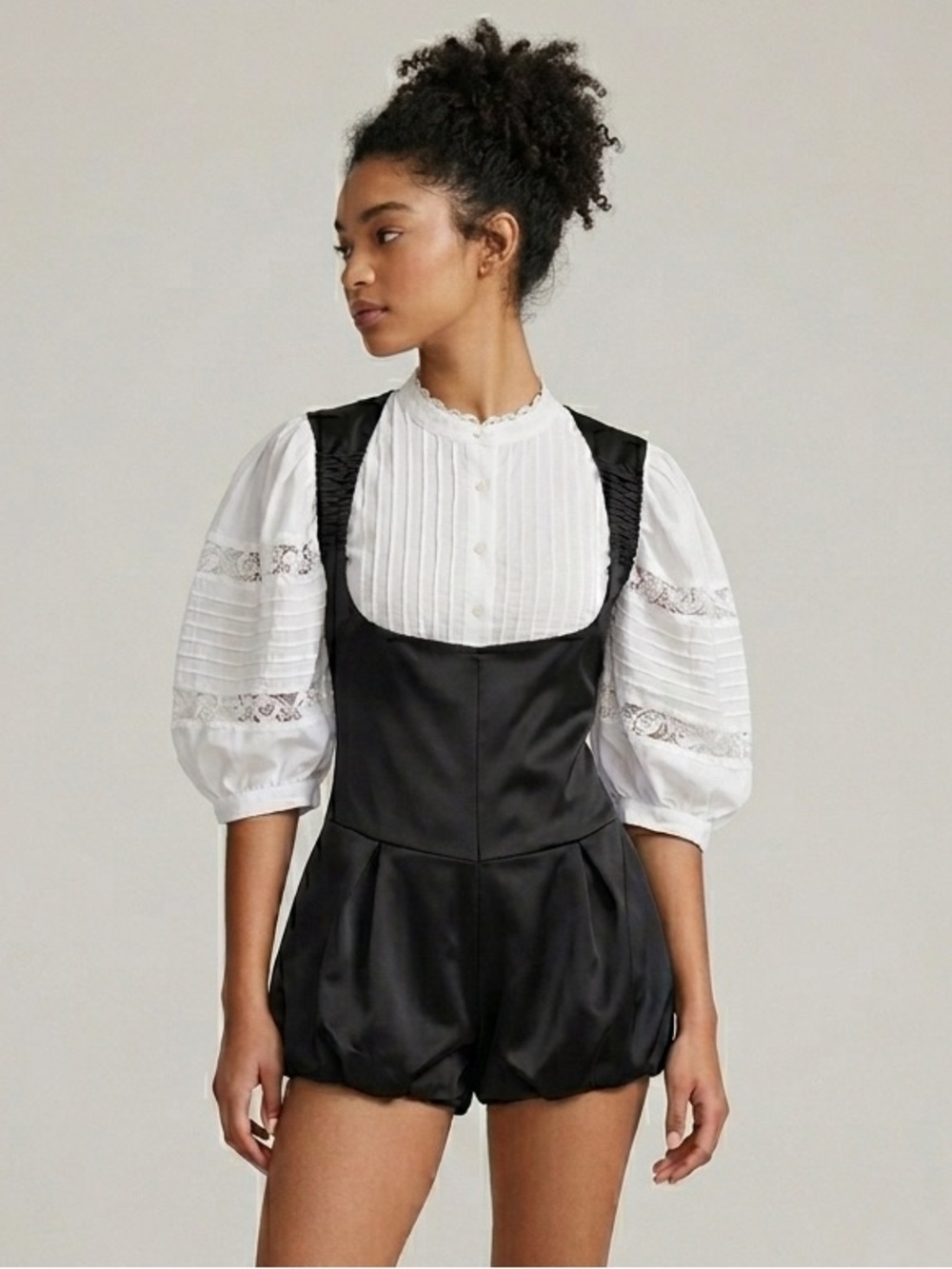 Black Satin Deep U-Neck Sleeveless Shortalls Romper - S, perfect for Oktoberfest
